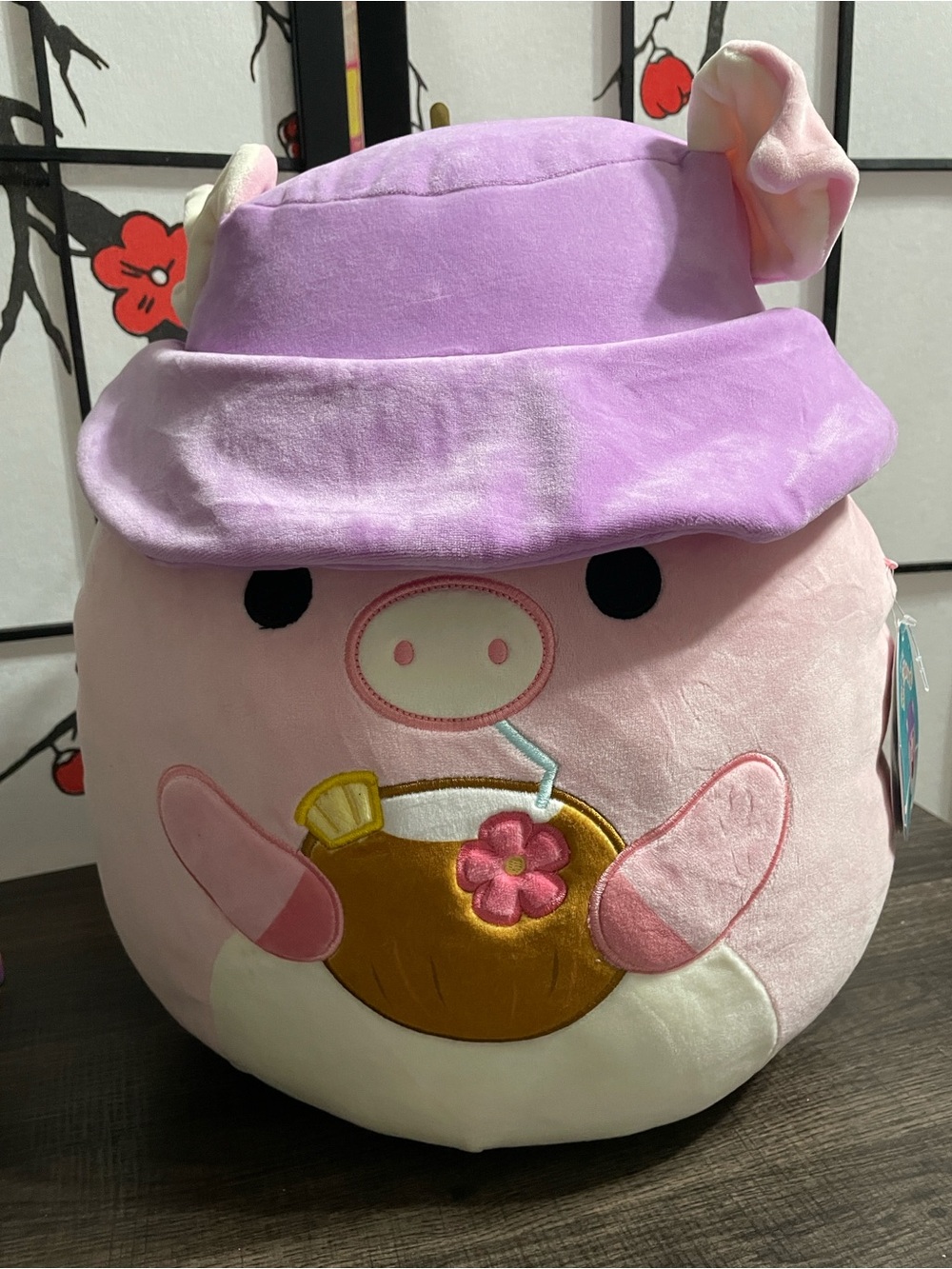 Squishmallows Pink Pig with Lavender Bucket Hat